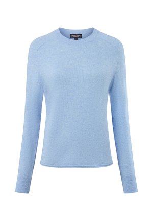 Hellblaues Sweatshirt mit langen Ärmeln, rundem Ausschnitt, ribbelten Bündchen und weicher Textur. Verfügt über ein dezentes Strickmuster.