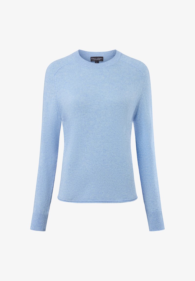 Hellblaues Sweatshirt mit langen Ärmeln, rundem Ausschnitt, ribbelten Bündchen und weicher Textur. Verfügt über ein dezentes Strickmuster.