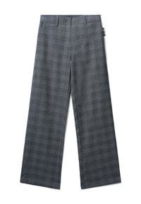 Pantaloni a gamba larga grigi a quadri con una texture liscia, dotati di chiusura con bottone e vita sagomata. Motivo a quadri distintivo su tutta la superficie.