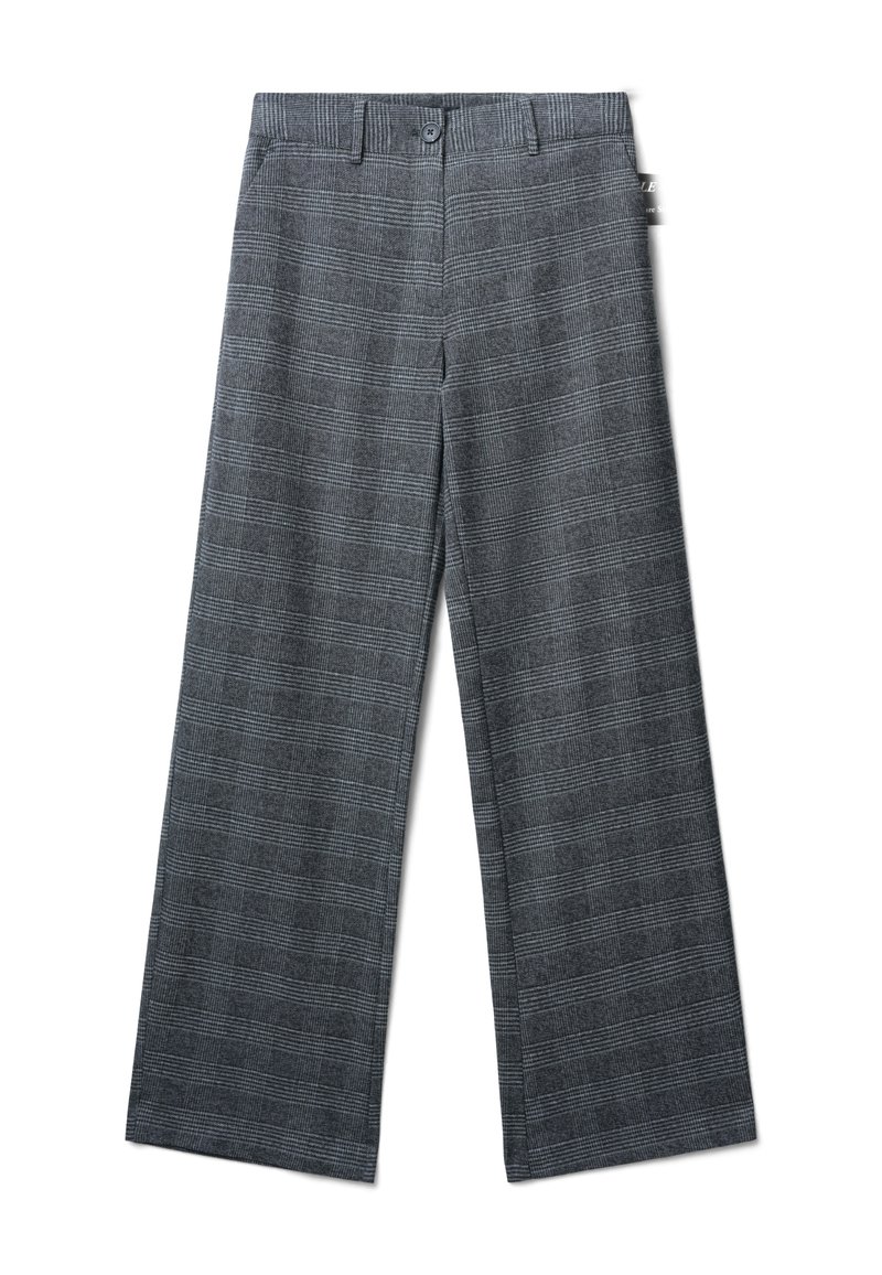 Pantaloni a gamba larga grigi a quadri con una texture liscia, dotati di chiusura con bottone e vita sagomata. Motivo a quadri distintivo su tutta la superficie.
