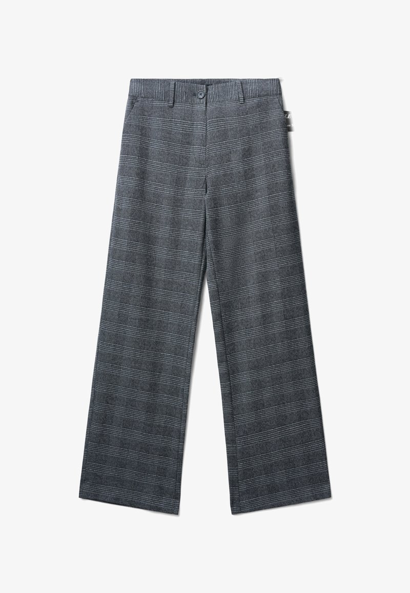 Pantaloni a gamba larga grigi a quadri con una texture liscia, dotati di chiusura con bottone e vita sagomata. Motivo a quadri distintivo su tutta la superficie.