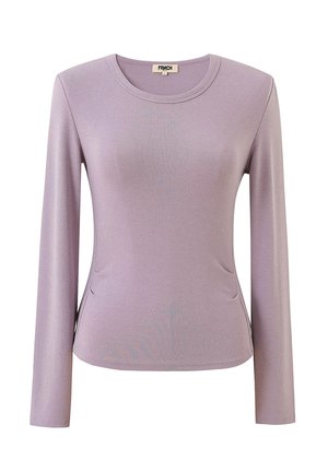 Lavender lange mouwen aansluitend top met ronde halslijn en naaddetails aan de zijkanten, weergegeven op een effen witte achtergrond.