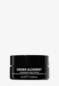Svart glasburk med GROWN ALCHEMIST Skin Renewal Night Cream, 40 ml. Vit text på framsidan. Slät yta, rund form, minimalistisk design.