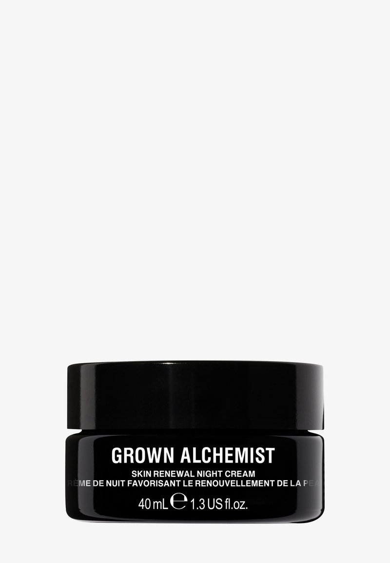 Svart glasburk med GROWN ALCHEMIST Skin Renewal Night Cream, 40 ml. Vit text på framsidan. Slät yta, rund form, minimalistisk design.