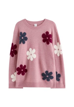 Weicher rosa Pullover mit geripptem Rundhalsausschnitt und Saum, vorne und an den Ärmeln mit großen, flauschigen Blumen in Dunkelrot, Marineblau und Weiß verziert.