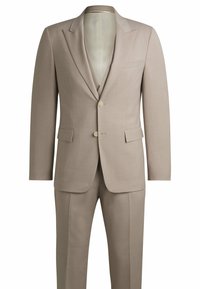 Completo beige chiaro in tessuto morbido. Presenta un blazer monopetto con rever a punta, due tasche anteriori e pantaloni coordinati.
