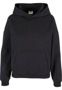 Sweat à capuche noir à enfiler avec poche kangourou à l'avant, poignets et ourlet côtelés, et capuche attachée, présenté sur fond blanc.