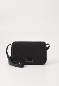 Borsa a tracolla nera con un motivo floreale texturizzato, rifiniture in pelle e forma rettangolare. Dispone di una tracolla e di una placca con logo.