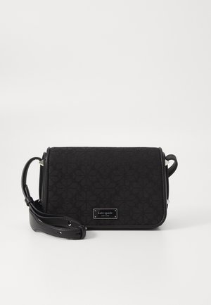 Black crossbody bag with a textured floral pattern, leather trim, and a rectangular shape. Features a shoulder strap and logo plaque.