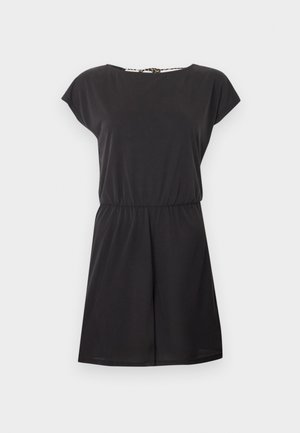 Black short-sleeve romper with elastic waist and round neckline, displayed against a plain light grey background.