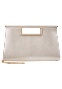 Metallinhohtoinen hopeanvärinen clutch-laukku, jossa on sileä pinta, suorakaiteen muoto ja kultasävyinen kahva. Varustettu kultaketjusäilykkeellä monikäyttöisyyttä varten.