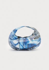 Blue fabric bag with a rounded shape, featuring graphic prints, text, and floral designs. Two handles are seen at the top.