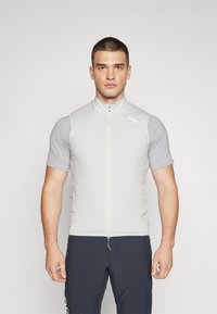 Veste de cyclisme zippée à manches courtes de couleur gris clair avec un col haut et des panneaux d'épaule contrastants, fabriquée dans un tissu lisse et respirant.