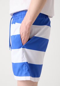 Blue and white striped shorts with an elastic waistband and side pocket. Made of lightweight fabric with a smooth texture.