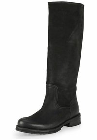 Botte en cuir noire montante jusqu'au genou avec une finition lisse, bout rond, petit talon carré et couture discrète sur les côtés.