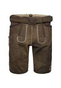 Shorts en cuir marron. Présente des coutures décoratives et une ceinture avec une boucle en métal. Comprend des poches et des accents de bouton sur les côtés.
