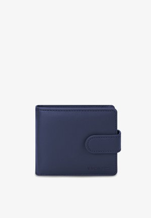 Navy blue leather wallet with a smooth texture, rectangular shape, and a button closure. Features embossed branding on the front.