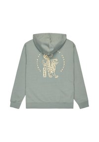 Miętowy hoodie z dużą beżową grafiką tygrysa oraz tekstem na plecach. Wykonany z miękkiego materiału z kapturem na sznurku.