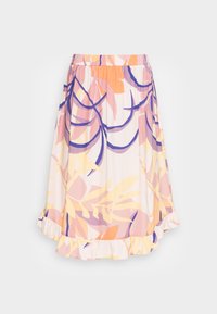 Saia com padrão floral em cores pastel, apresentando uma cintura elástica e uma bainha franzida. Feita de um tecido leve e fluido.