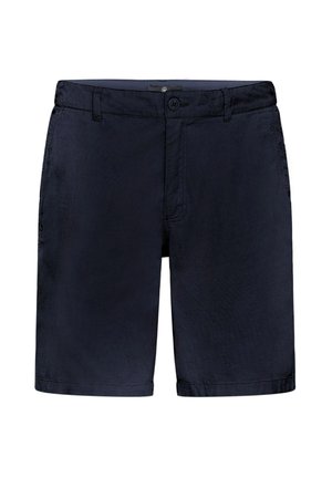 Shorts blu navy realizzati in tessuto morbido, con chiusura a bottone, tasche a fessura e taglio dritto con una texture liscia.