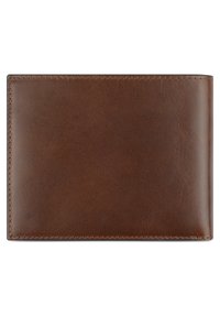Portefeuille en cuir marron avec une texture lisse, de forme rectangulaire et une couture soignée le long des bords. Design minimaliste, sans matériel visible.