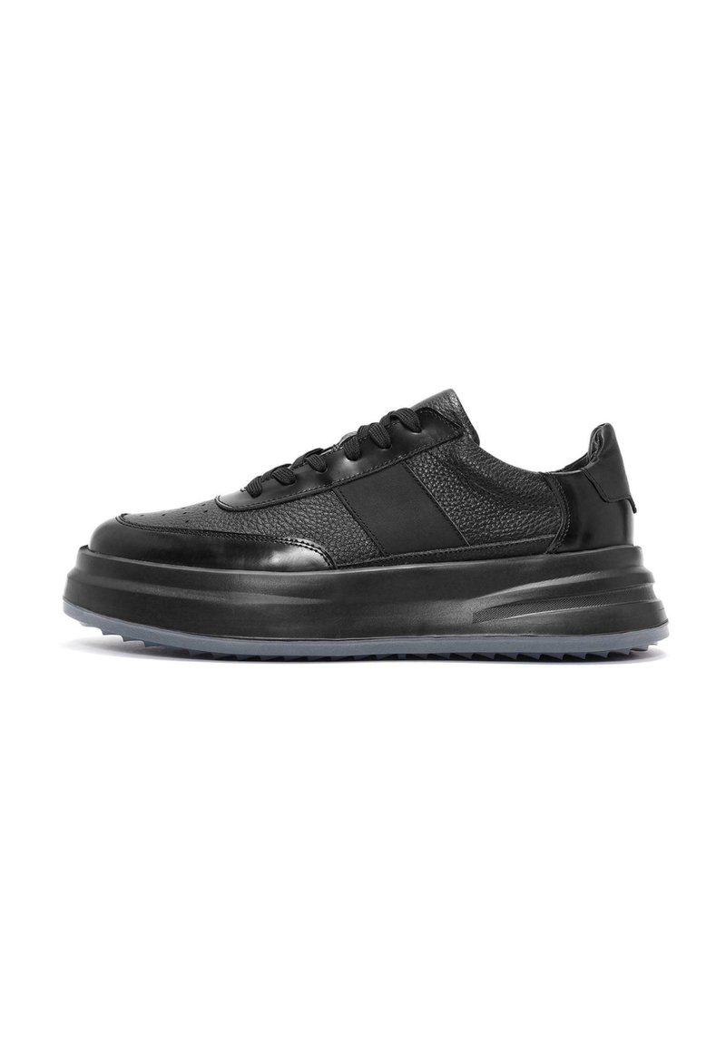 Zapatilla negra con parte superior de cuero texturizado, acentos sintéticos suaves, suela gruesa elevada y cordones negros. Presenta una puntera redondeada y detalles mínimos.