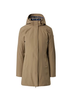 Parka impermeabile color kaki con collo alto e cappuccio attaccato, dotata di tasche laterali e finitura liscia opaca. Interno foderato in blu scuro.