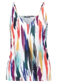 Biały top bez rękawów z dekoltem w kształcie litery V, ozdobiony kolorowymi wzorami przypominającymi pociągnięcia pędzla w kolorach czerwonym, niebieskim, zielonym i żółtym. Gładka, lekka tkanina.