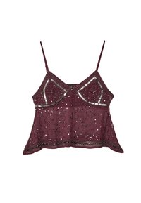 Camisola bordeaux con spalline regolabili, caratterizzata da ricami e decorazioni intricate, tessuto morbido e design con orlo svasato.