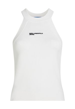 Haut blanc côtelé sans manches avec col montant et logo noir « Karl Lagerfeld Jeans » au centre devant.