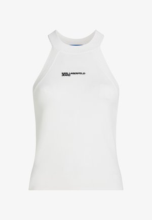 Biały żebrowany top bez rękawów z wysokim kołnierzem i czarnym logo "Karl Lagerfeld Jeans" na środku z przodu.