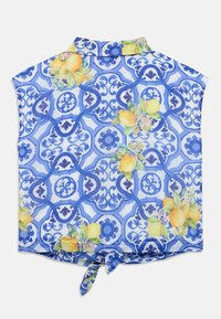 Μπλε πουκάμισο με κοντά μανίκια, με λουλουδάτο μοτίβο λεμονιών και γεωμετρικά σχέδια, με κόμβο στο κάτω μέρος και γιακά.