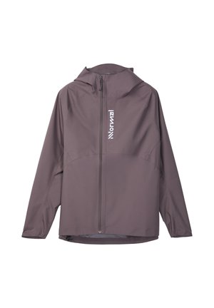 Szara kurtka z pełnym zamkiem i kapturem, z długimi rękawami oraz pionowym białym logo na lewym biodrze, na białym tle.