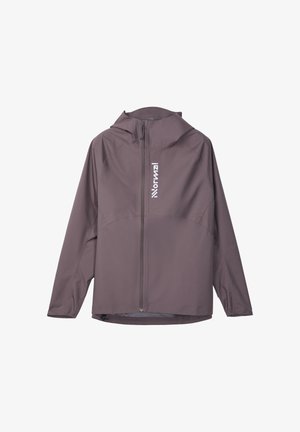 Grijze full-zip jas met capuchon, lange mouwen en een verticale witte logo op de linkerborst tegen een witte achtergrond.