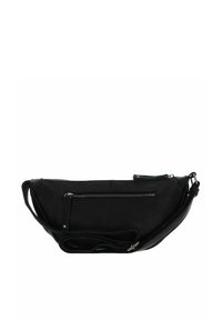 Borsa a tracolla nera in pelle con forma piatta, scomparti con zip e tracolla regolabile. Presenta una texture liscia e un design minimalista.