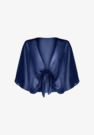 Châle court en bleu marine transparent avec des manches larges et une fermeture à nouer à l'avant.