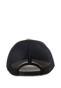 Black mesh baseball cap with a rounded shape, brown accent on the top, adjustable plastic strap, and ventilation holes at the back.
