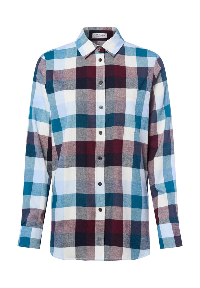 Long-sleeve plaid shirt featuring a mix of blue, white, and burgundy squares, button closure, and a chest pocket.