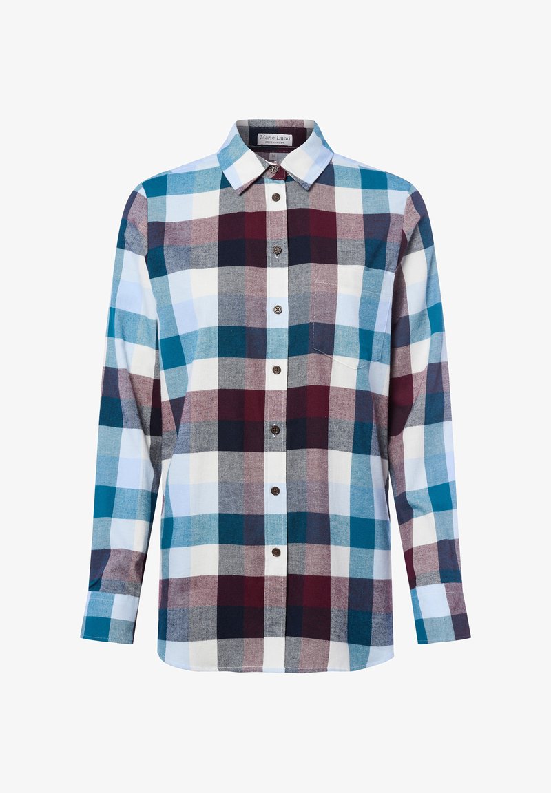 Long-sleeve plaid shirt featuring a mix of blue, white, and burgundy squares, button closure, and a chest pocket.