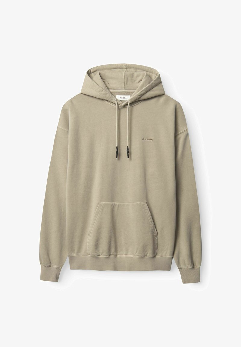 Sudadera con capucha beige hecha de una tela suave, que cuenta con un bolsillo tipo canguro, cordones y un pequeño logo en color a juego. Manga larga.
