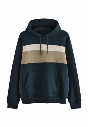 Kapuzensweatshirt in Marineblau, mit einem großen horizontalen Streifen in Creme und Beige. Das Design umfasst eine Fronttasche und eine Kordelzugkapuze.