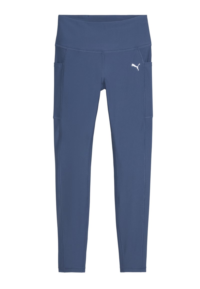 Leggings de sport bleus en tissu lisse, dotés d'une taille haute et de deux poches latérales. Décorés d'un petit logo blanc.