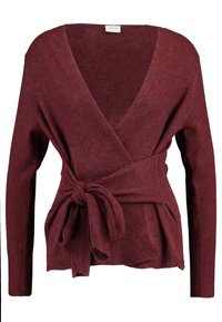 Cardigan en tricot bordeaux style cache-cœur avec manches longues et une large ceinture en tissu nouée en nœud à la taille.