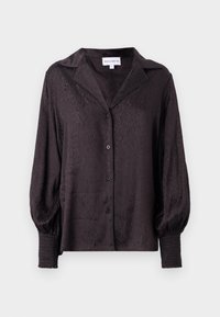 Schwarze Satinbluse mit dezentem Tierdruck, Knopfverschluss und lockerer Passform. Verfügt über Ballonärmel und geraffte Details an den Manschetten.