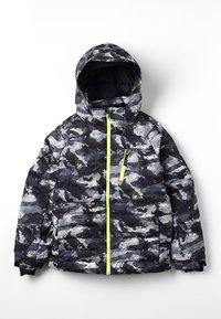 Padded jacket s maskovacím vzorem v černé a šedé barvě, se svítivě zeleným zipem a kapucí, s texturovanou tkaninou pro izolaci.