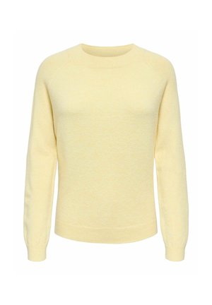 Pull en maille texturée jaune avec des manches longues, col rond et ourlet côtelé. Design simple avec une apparence douce.