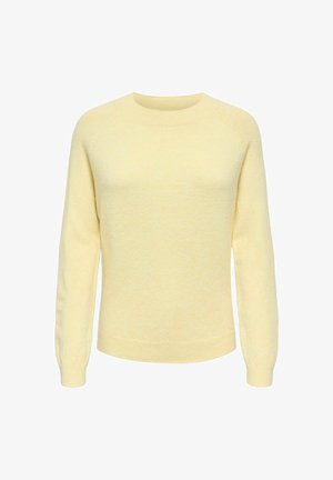 Pull en maille texturée jaune avec des manches longues, col rond et ourlet côtelé. Design simple avec une apparence douce.