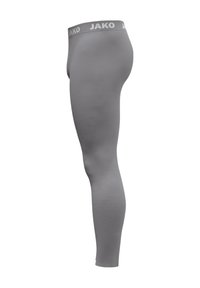 Grijze compressieleggings van rekbaar materiaal, met een naadloos ontwerp en een merk-elastische tailleband met 'JAKO' in lichtgrijze letters.