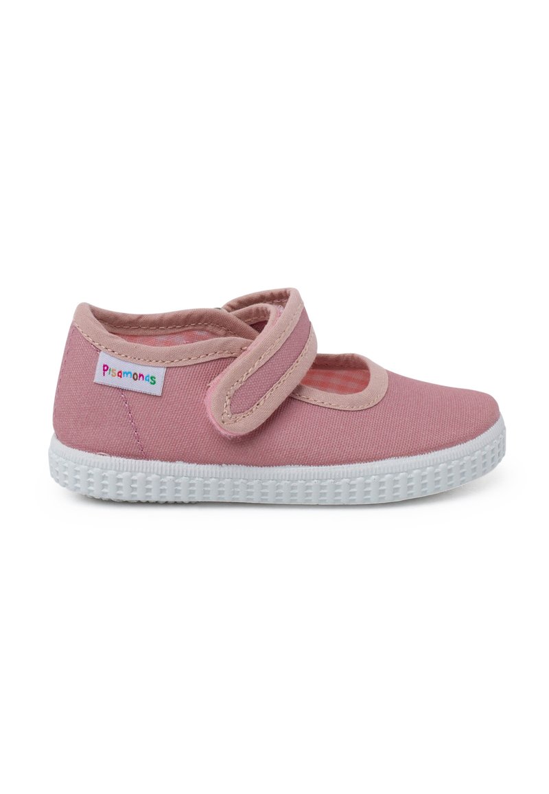 Zapatilla de lona rosa con doble correa de velcro, suela de goma blanca y forro a cuadros. Presenta una colorida etiqueta de marca en el lateral.