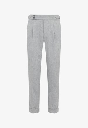 Gray trousers with a textured fabric, featuring two buttons on the waistband, pleats in the front, and rolled cuffs at the ankles.